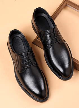 新款黑色商务正装尖头男士皮鞋百搭青年德比鞋影楼拍照新郎结婚鞋