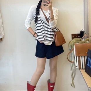 女装 上衣搭配高腰半身裙 韩版 复古小众条纹T恤两件套套装
