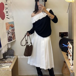 女装韩版复古小众一字肩上衣搭配高腰百褶半身裙