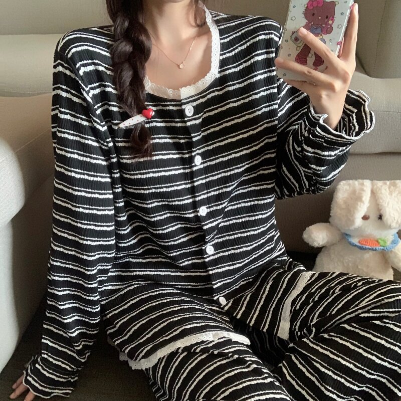 韩版条纹长袖睡衣女春秋季2025年新款高级感带胸垫家居服两件套装