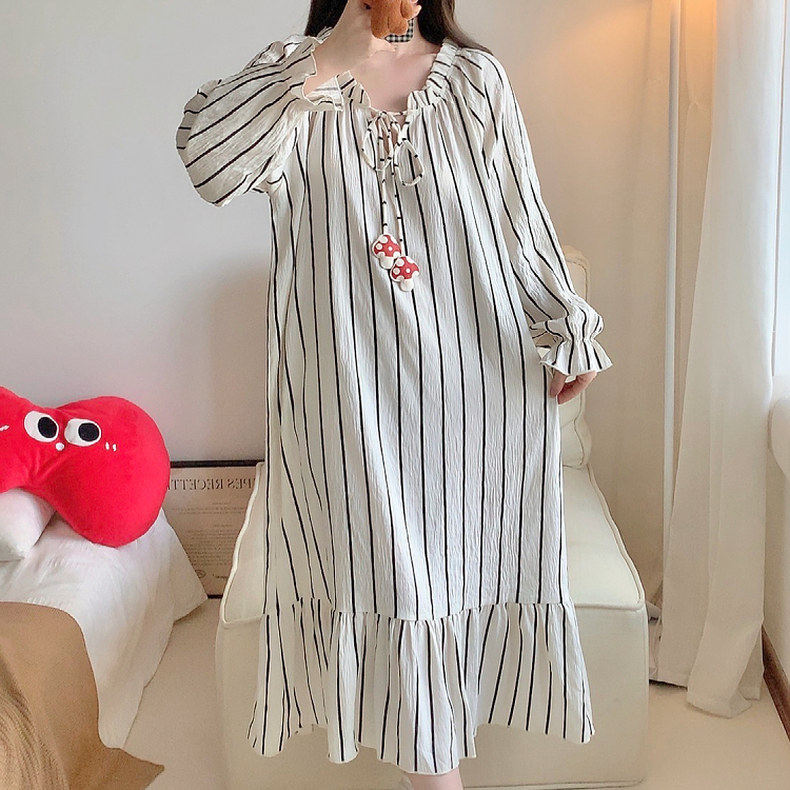 抽绳领口条纹云朵棉睡裙睡衣女春秋季2025年新款套头甜美花边长袖
