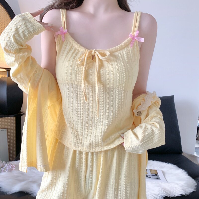 甜美风纯色开衫睡衣女春秋季2025年新款带胸垫吊带家居服三件套装