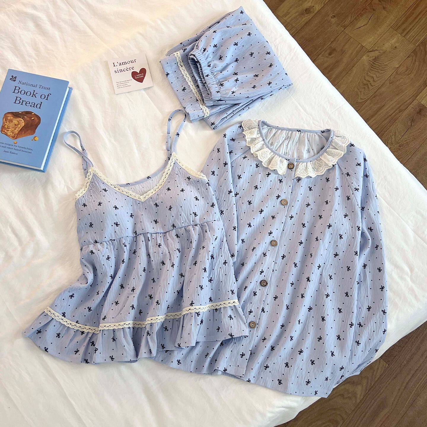 甜美风睡衣女款春秋季云朵棉无袖吊带带胸垫家居服长袖开衫三件套