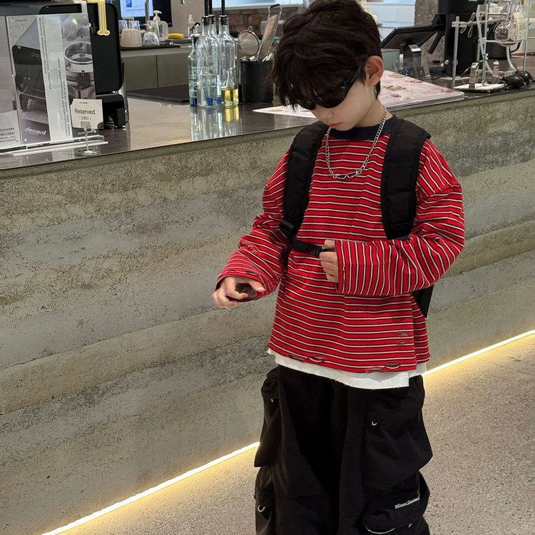 男童洋气红色条纹长袖t恤春秋款儿童痞帅打底衫中童休闲套头上衣,童装/婴儿装/亲子装,T恤,淘宝优惠券,粉丝福利购,淘宝优惠卷