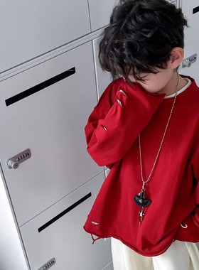 巨好看~男童红色破洞长袖t恤春秋款儿童纯棉休闲上衣女童打底衫潮