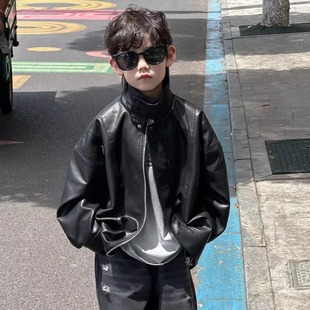男童皮衣外套春秋冬加绒新款 痞帅衣服潮 儿童夹克pu皮男孩机车童装