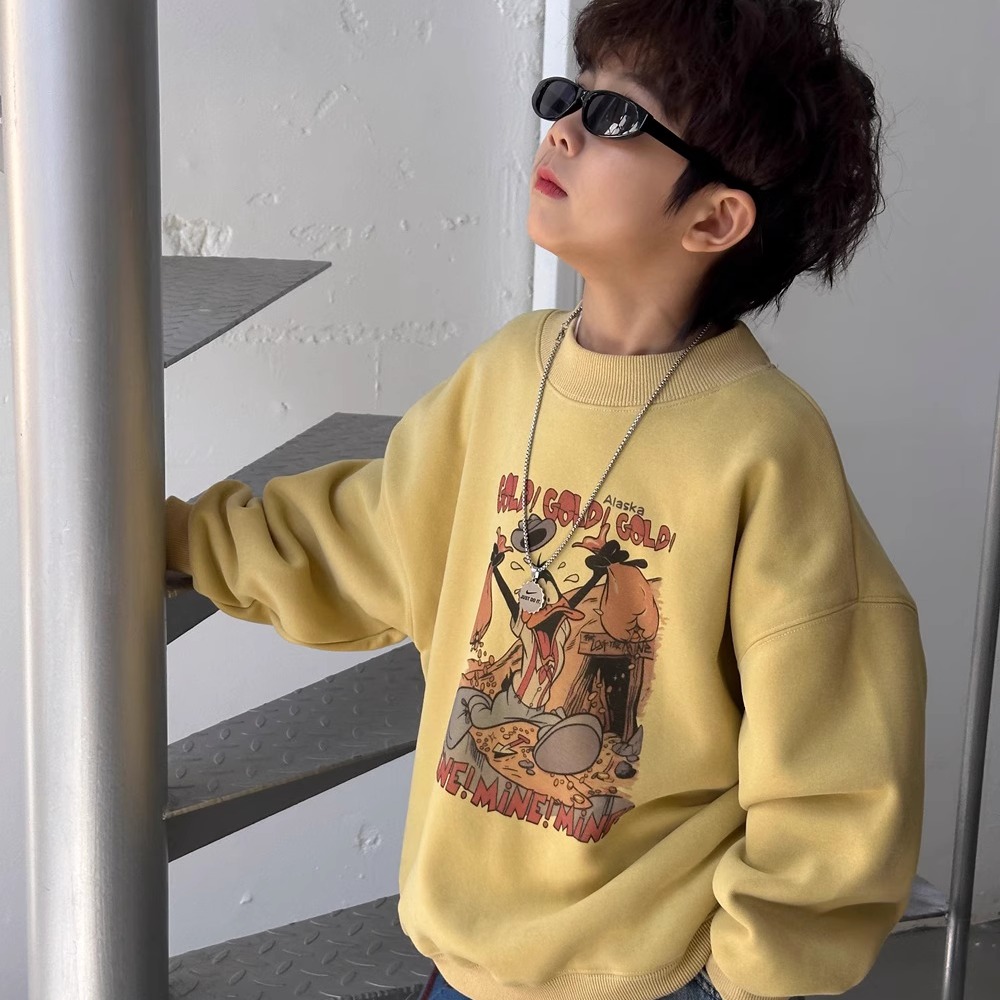 男童黄色加绒卫衣冬款儿童宽松卡通套头衫女童休闲厚上衣保暖潮款
