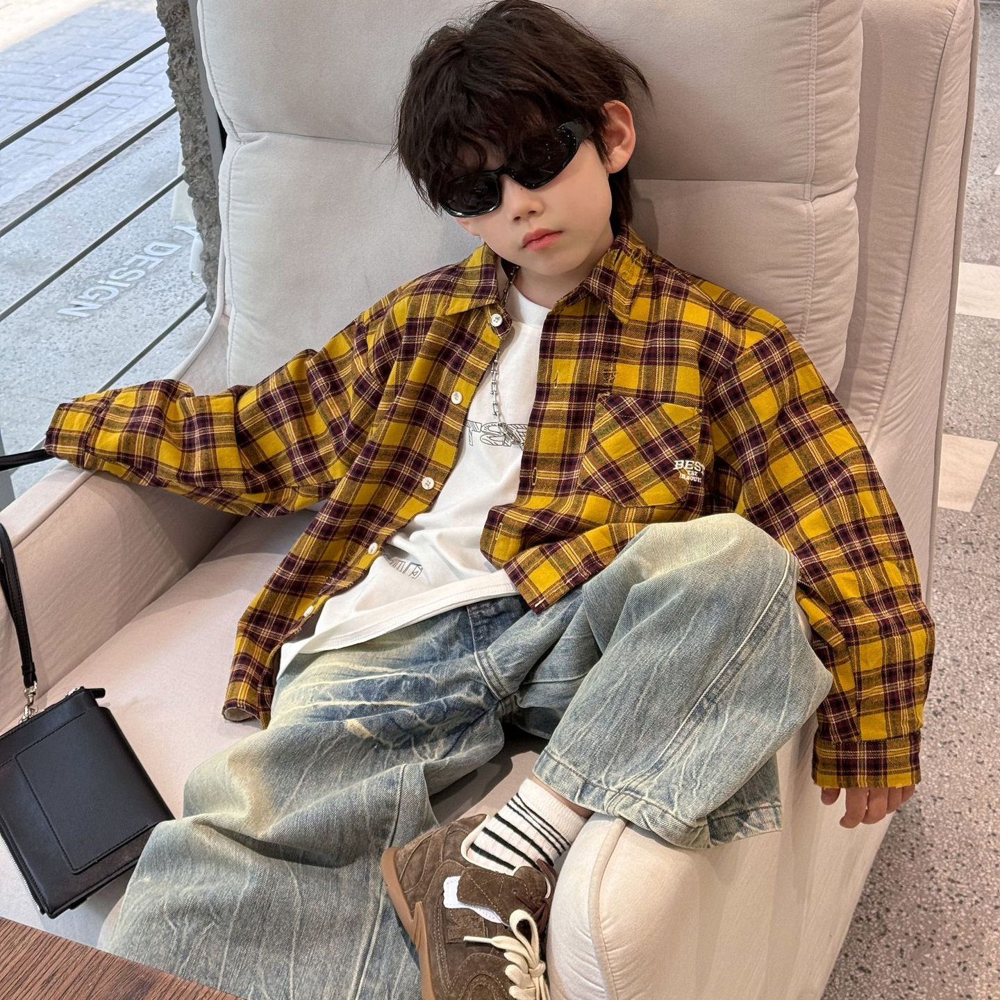 男女童复古洋气黄色格子衬衫