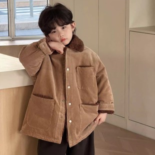 男童复古毛领加绒灯芯绒外套秋冬款儿童中长款棉服女童装保暖加厚