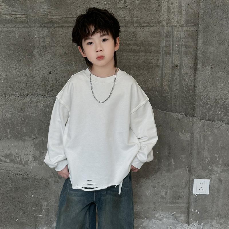 潮~男童春秋白色破洞卫衣打底衫