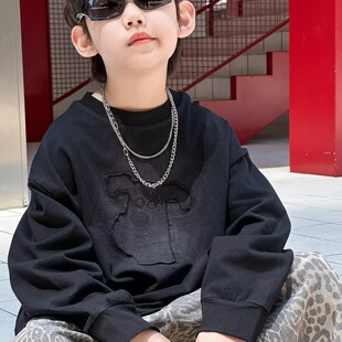 男孩纯棉上衣童装 儿童宽松套头衫 2025新款 男童洋气黑色卫衣春秋款