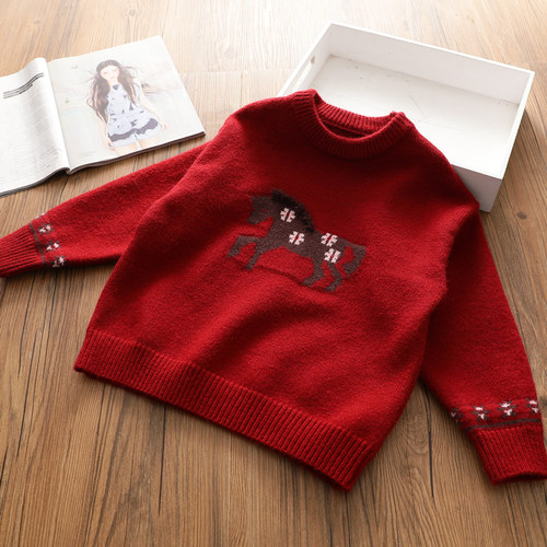 女童新年款针织毛衣 洋气中国风卡通提花加厚针织衫打底上衣