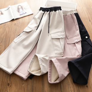 女童加绒工装裤深秋冬季儿童一体绒加厚三防休闲直筒灯笼保暖长裤