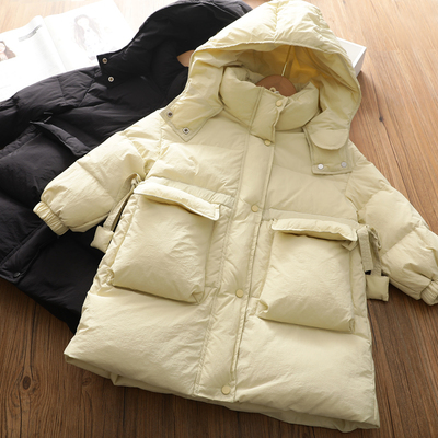 杜邦三防女童冬季90新国标白鸭绒连帽羽绒服儿童中长款保暖厚外套