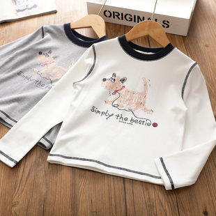 女童洋气短款长袖T恤 韩版中大童卡通数码印花麻丝撞色领打底衫