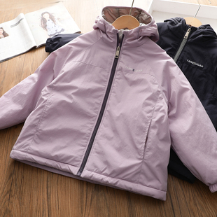 女童极简加厚防风衣2025冬季新款儿童亲子夹棉连帽外套保暖棉衣服