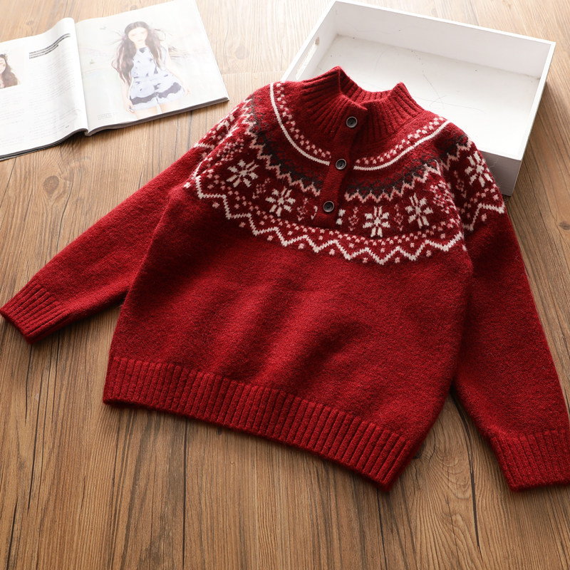女童新年圣诞款针织毛衣 洋气复古提花加厚半扣立领针织衫上衣