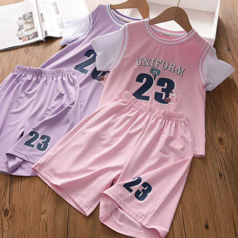 女童夏季速干运动套装儿童休闲假两件字母短袖T恤短裤学生篮球服