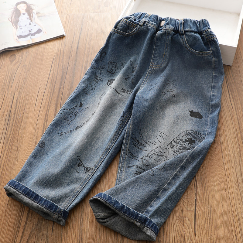 女童涂鸦牛仔裤2025新款儿童洋气宽松柔软百搭弹力萝卜休闲长裤子,童装/婴儿装/亲子装,裤子,淘宝优惠券,粉丝福利购,淘宝优惠卷