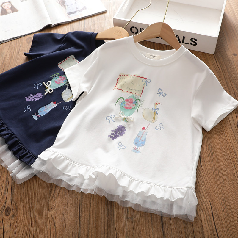 女童蕾丝拼接短袖T恤 韩版中大童卡通印花木耳边夏季新款打底衫