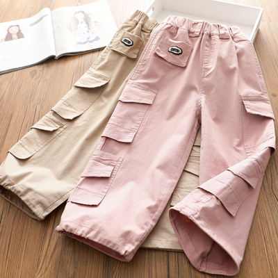 女童洋气工装裤子2026春秋装中大儿童纯棉贴标休闲伞兵直筒灯笼裤