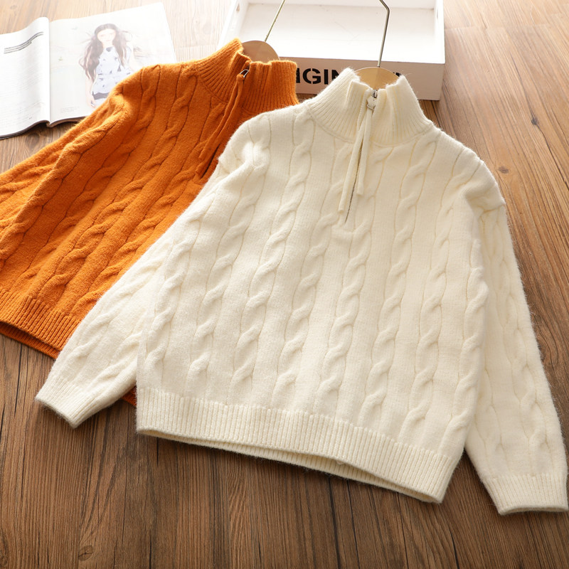 女童2025冬季新款加厚半高领拉链毛衣儿童麻花保暖宽松针织衫上衣