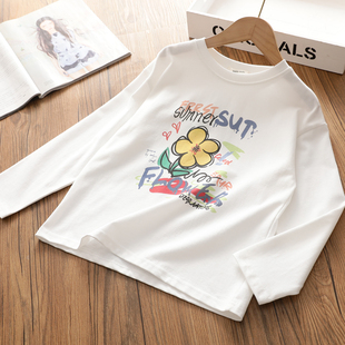 女童纯棉长袖T恤2025秋装数码印花中大儿童圆领白色宽松打底衫新