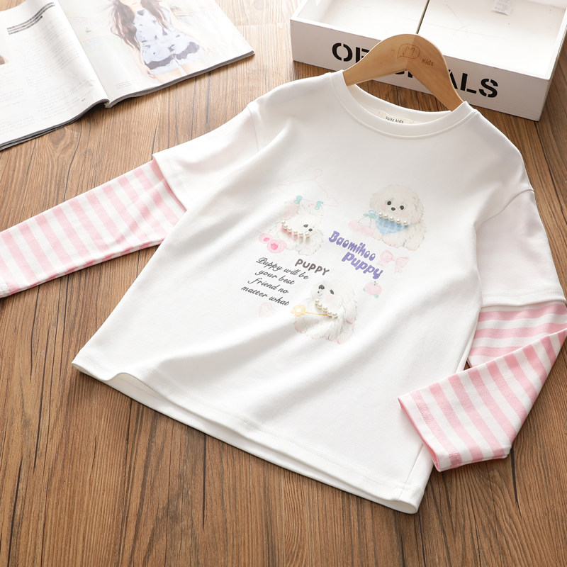 女童春季新款假两件长袖T恤 洋气条纹卡通珍珠数码印花百搭打底衫