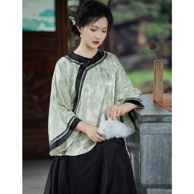 乐潼 真人丝提花缎面传统复原清汉女短衫宽松显瘦倒大袖茶服上衣