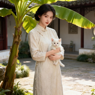 栖云 春季新款棉麻提花长袖无省旗袍新中式民国风斜襟盘扣连衣裙