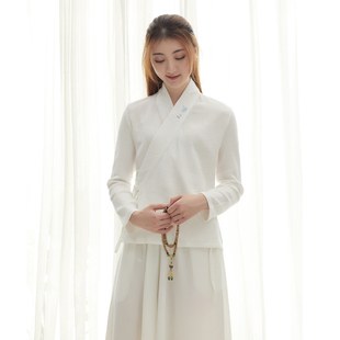 禅意茶服 女纯棉交领绣花汉服打底上衣长袖 锦鲤 春秋原创设计中式