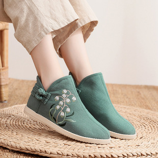 清仓 秋冬汉服搭配茶服单靴民族风老北京绣花防滑保暖加绒平底靴