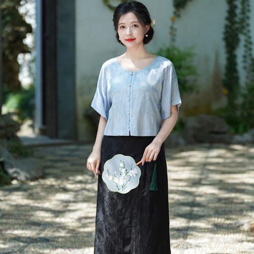 新中式国风真人丝提花短款上衣女
