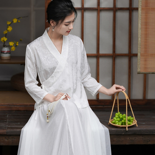 清欢 清仓夏季人丝棉提花交领汉服中袖上衣短小个子禅意女装茶服