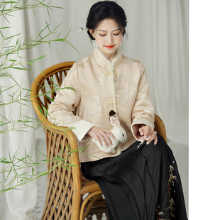 访鹤 秋冬季唐装女中式国风盘扣夹棉袄水貂毛领棉衣禅意茶服外套