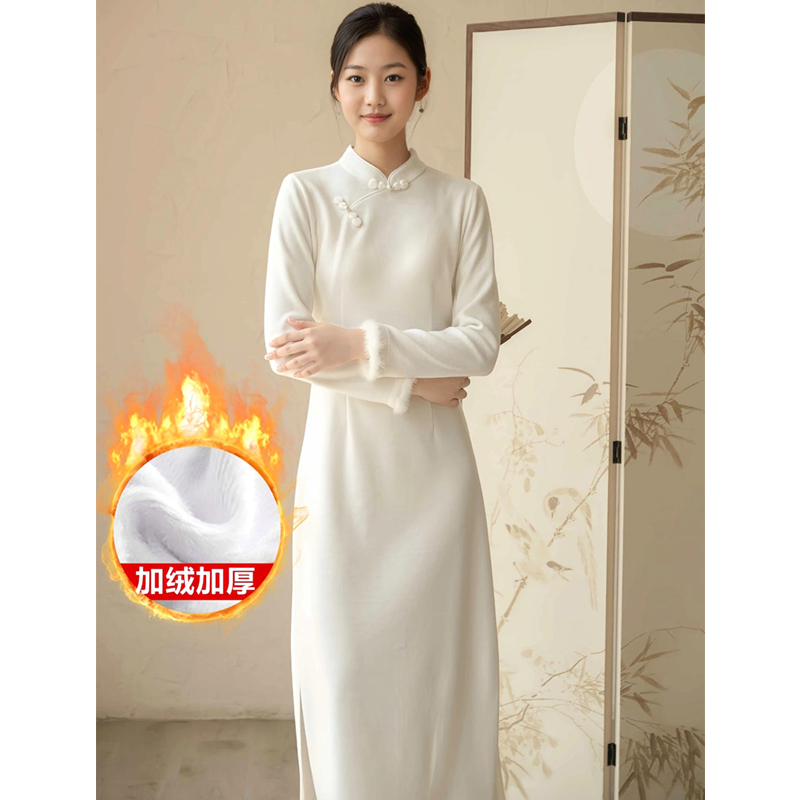 加绒加厚针织旗袍连衣裙打底长裙