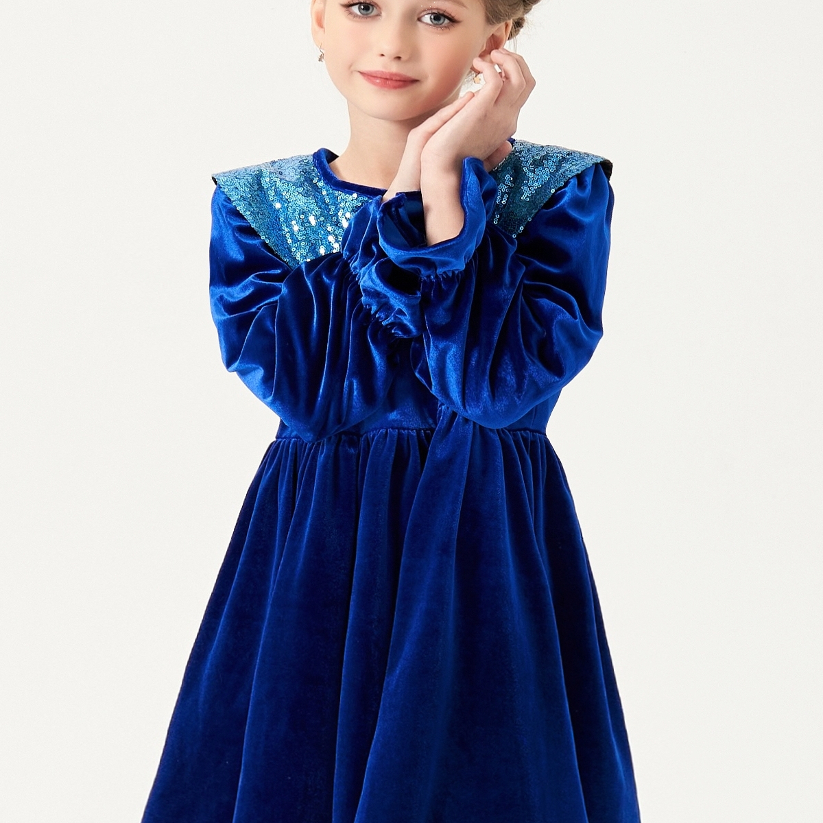 童装女童秋冬新款丝绒亮片长袖公主宫廷风中大童珠片宝蓝色连衣裙