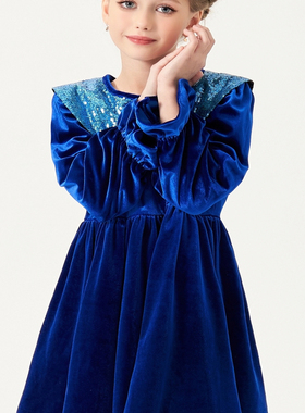 店铺转项经营全场甩卖女童春秋丝绒亮片长袖珠片宝蓝色连衣裙