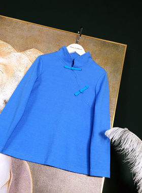 店铺转项经营全场甩卖女童春秋蓝色针织中式套装国风阔腿裤唐装