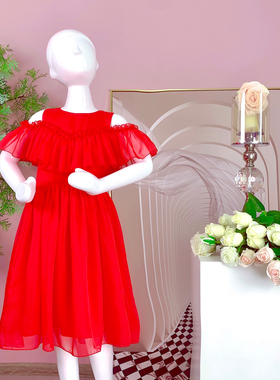 店铺转项经营全场甩卖女童夏装短袖雪纺荷叶边露肩红色裙子