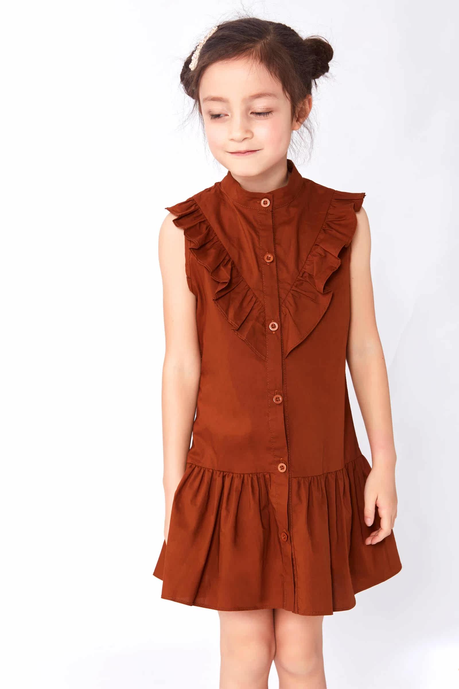 女童夏焦糖色荷叶边背心裙