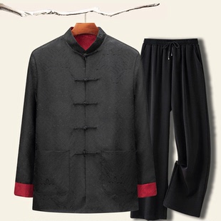 中国风中老年加厚唐装夹克男大码秋冬桑蚕丝爸爸套装中式棉衣外套