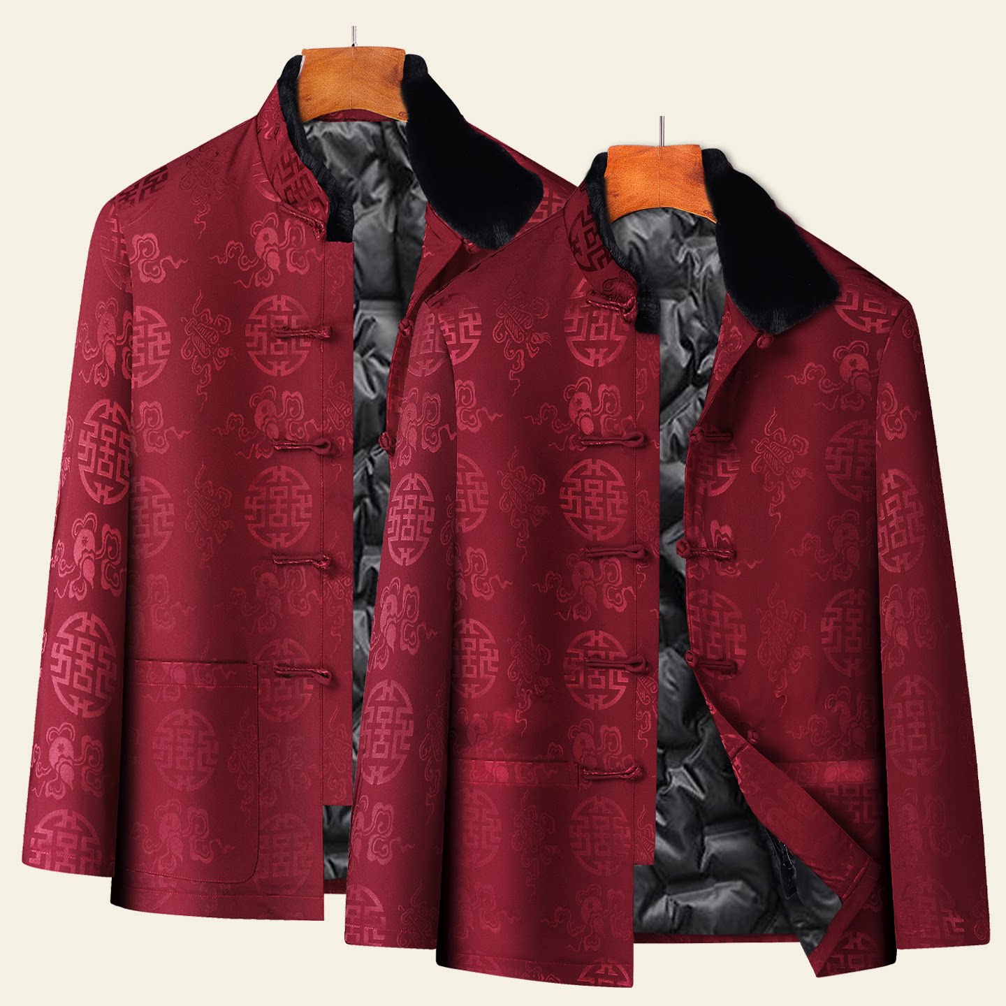 中式羽绒服情侣唐装男中老年冬季可拆卸内胆蚕丝爸爸外套加厚套装