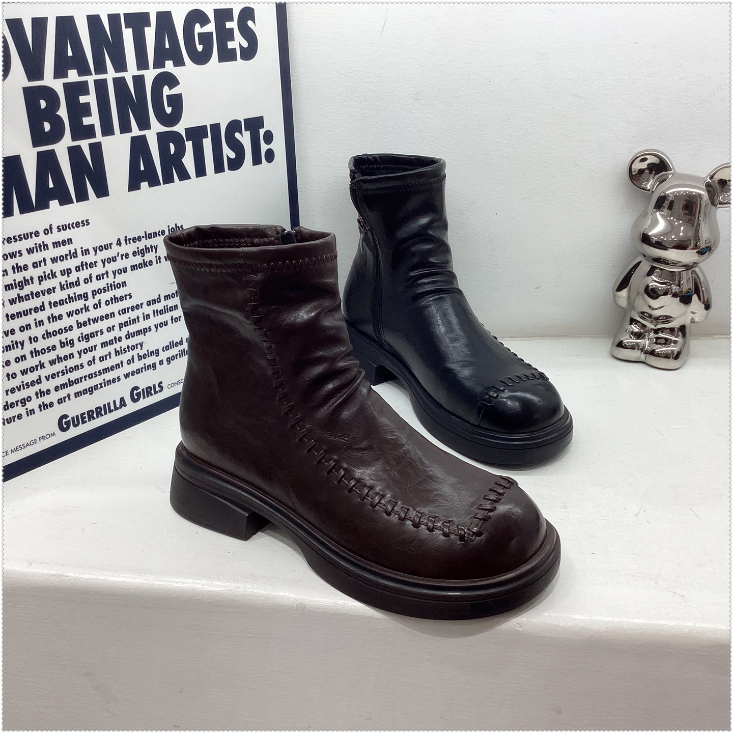 2025冬加绒时尚显瘦褶皱短靴马丁靴粗跟厚底英伦风弹力靴她致女靴