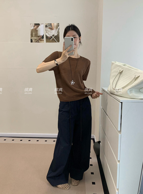 缤典2025夏季新款时尚百搭纯色显瘦圆领针织衫女短袖上衣56516