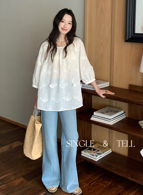 single2025蝴蝶刺绣时尚百搭宽松显瘦长袖衬衫女休闲上衣25137-1