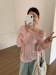 缤典慵懒风一字肩毛衣针织衫女设计感中长款宽松百搭外穿长袖上衣