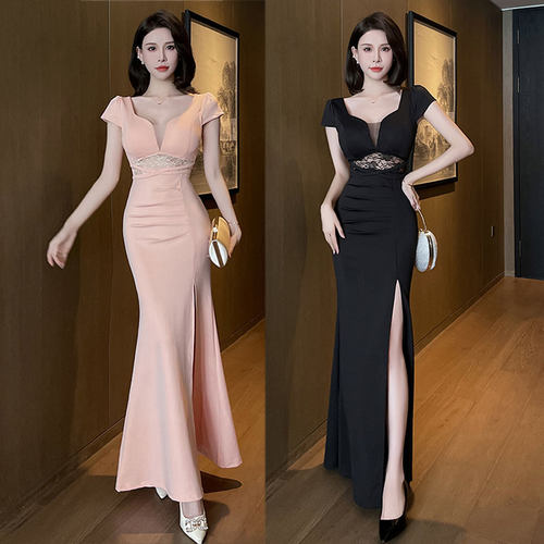 K歌沐足会所技师上班工作服女2025新款御姐范酒店晚宴长款晚礼服