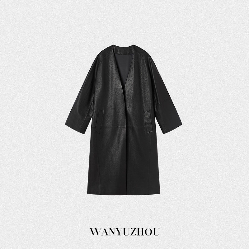 【WANYUZHOU】新款大牌真皮女长款无扣简约全绵羊皮革皮衣气质
