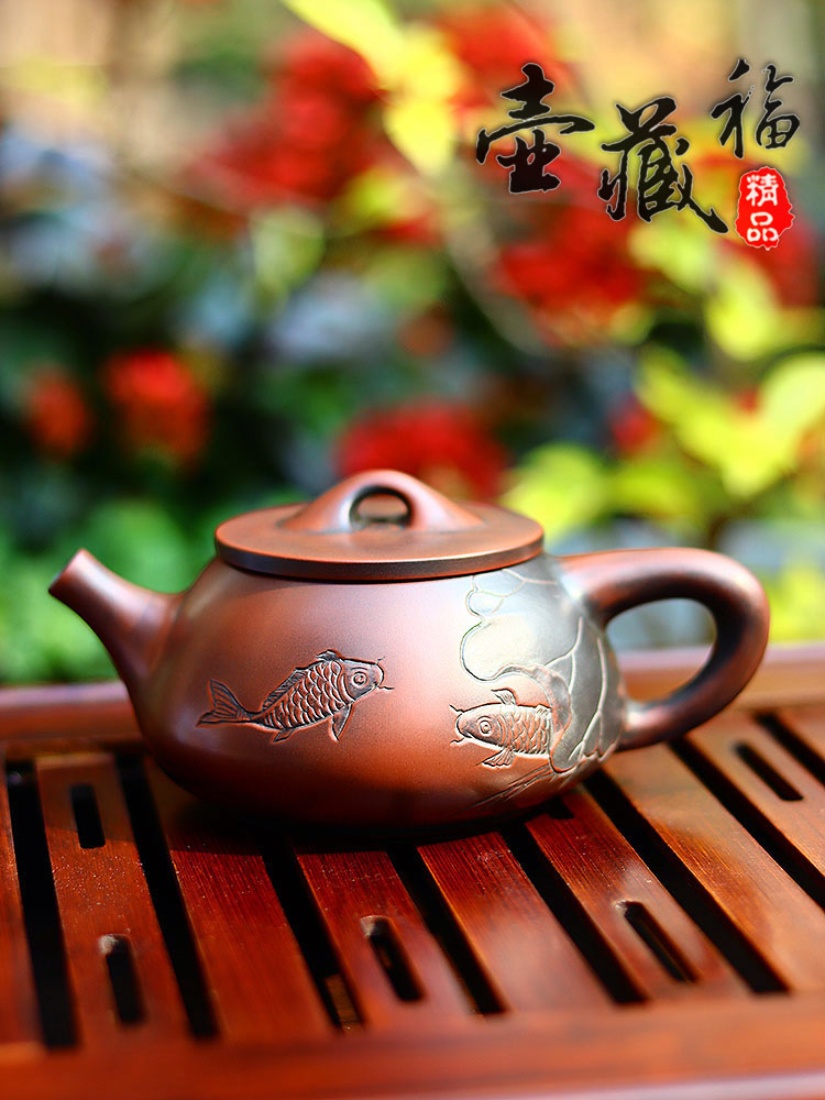 壶藏福石瓢壶钦州坭兴陶茶壶大师名家卢纪祖纯手工紫泥复古竹节